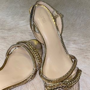 Michael Kors Heeled Sandal, 9, Gold metallic w/ chain detail